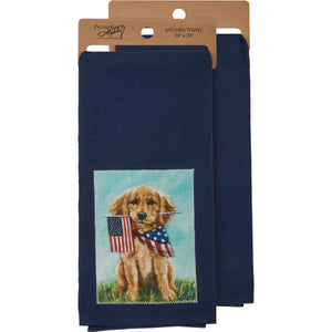 Golden Puppy With Flag Kitchen Towel