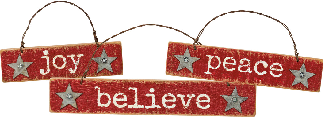 Joy Peace Believe Slat Ornaments