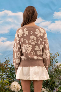 FLORAL DISTRESSED CREWNECK TERRY SWEATER