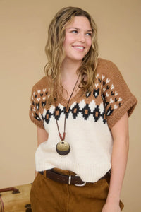 FAIR ISLE V NECK SHORT SLEEVE KNIT SWEATER