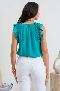 SOLID RUFFLE SLEEVELESS BLOUSE TOP  (3 colors)