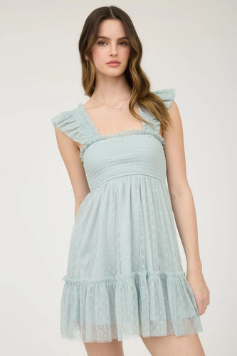 SAGE POLKA DOT CHIFFON SMOCKED RUFFLE DETAIL MINI DRESS