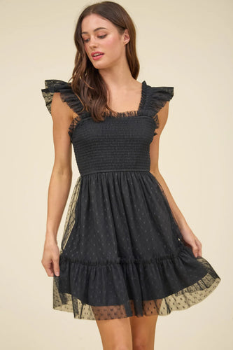 BLACK POLKA DOT CHIFFON SMOCKED RUFFLE DETAIL MINI DRESS