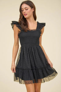 BLACK POLKA DOT CHIFFON SMOCKED RUFFLE DETAIL MINI DRESS