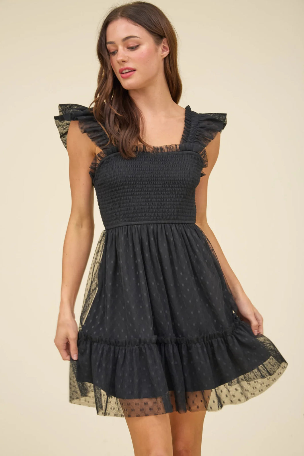 BLACK POLKA DOT CHIFFON SMOCKED RUFFLE DETAIL MINI DRESS