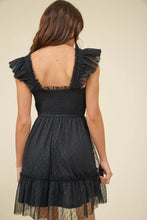 BLACK POLKA DOT CHIFFON SMOCKED RUFFLE DETAIL MINI DRESS