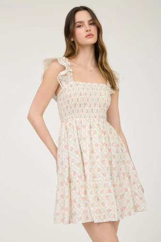 FLORAL TRELLIS PATTERN SMOCKED MINI DRESS