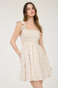 FLORAL TRELLIS PATTERN SMOCKED MINI DRESS