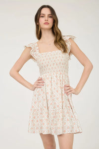 FLORAL TRELLIS PATTERN SMOCKED MINI DRESS
