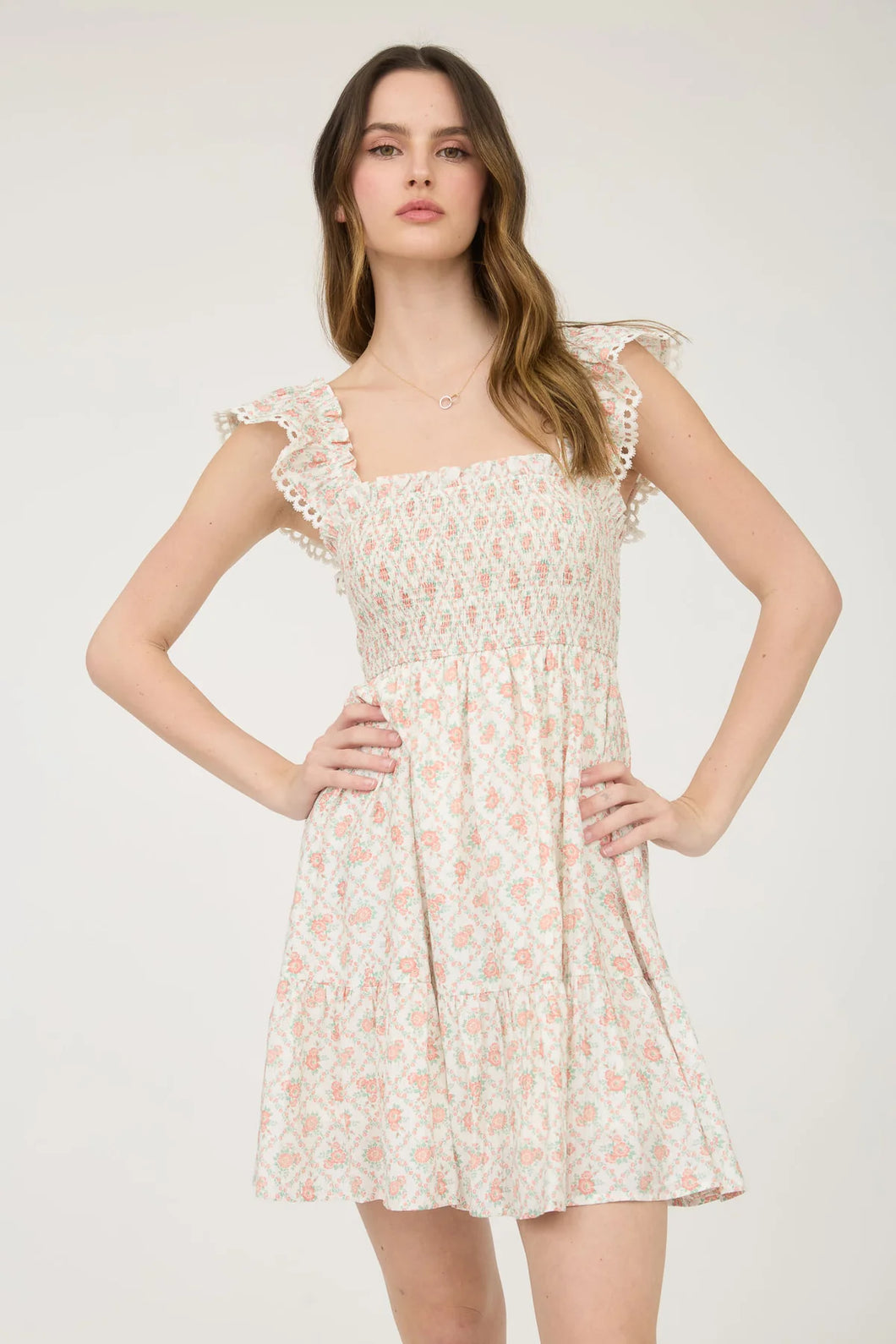 FLORAL TRELLIS PATTERN SMOCKED MINI DRESS