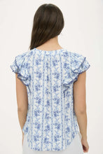 STRIPE FLORAL SPLIT NECK RUFFLE SLEEVE TOP DENIM