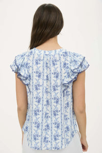 STRIPE FLORAL SPLIT NECK RUFFLE SLEEVE TOP DENIM
