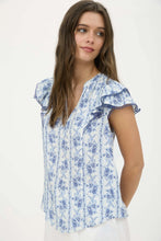 STRIPE FLORAL SPLIT NECK RUFFLE SLEEVE TOP DENIM