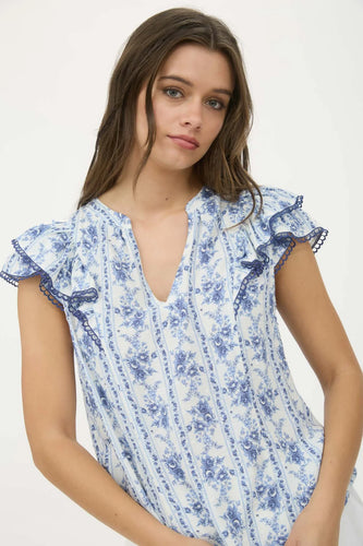 STRIPE FLORAL SPLIT NECK RUFFLE SLEEVE TOP DENIM