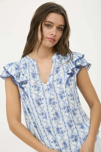 STRIPE FLORAL SPLIT NECK RUFFLE SLEEVE TOP DENIM