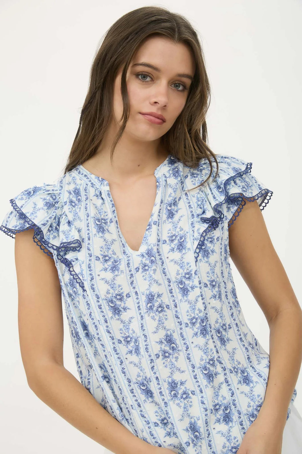 STRIPE FLORAL SPLIT NECK RUFFLE SLEEVE TOP DENIM