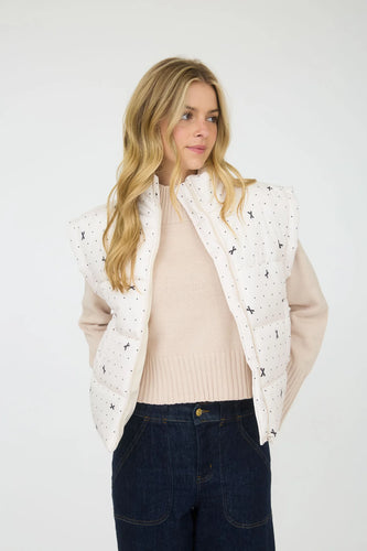 POLKA DOT BOW PATTERN ZIP-UP PUFFER VEST