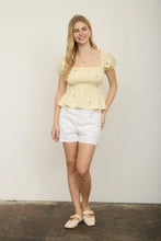 FLORAL EMBROIDERY PUFF SLEEVE SMOCKED TOP