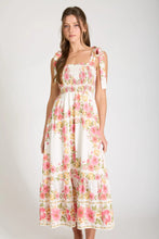 FLORAL TIE STRAP SMOCKED BORDER PRINT MIDI DRESS
