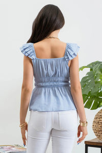 SHIRRED SWEETHEART RUFFLE SLEEVE BLOUSE