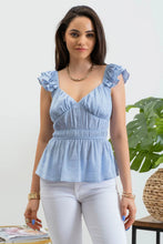 SHIRRED SWEETHEART RUFFLE SLEEVE BLOUSE