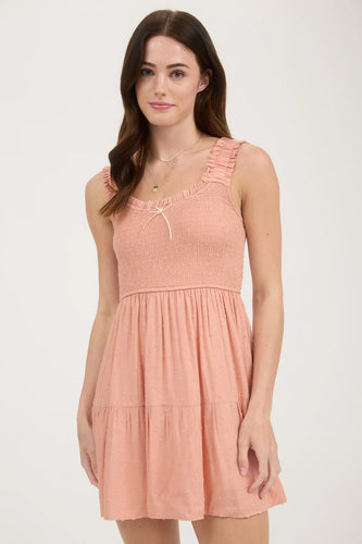 CLIPDOT BOW DETAIL SMOCKED SLEEVELESS MINI DRESS