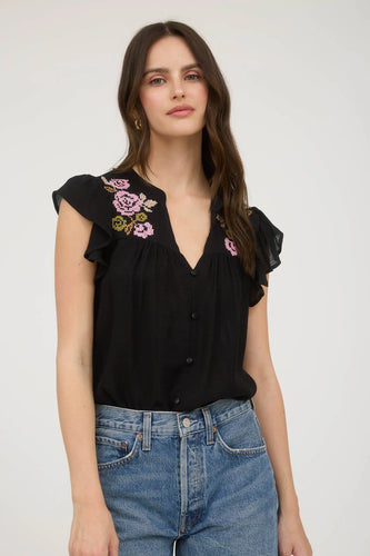 FLORAL EMBROIDERY BUTTON DOWN SHORT SLEEVE TOP (2 colors)