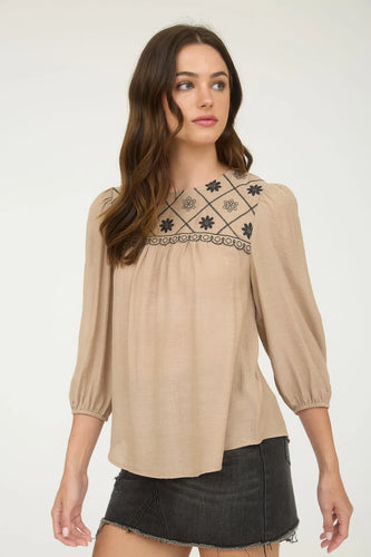 FLORAL EMBROIDERED YOKE 3/4 SLEEVE BLOUSE