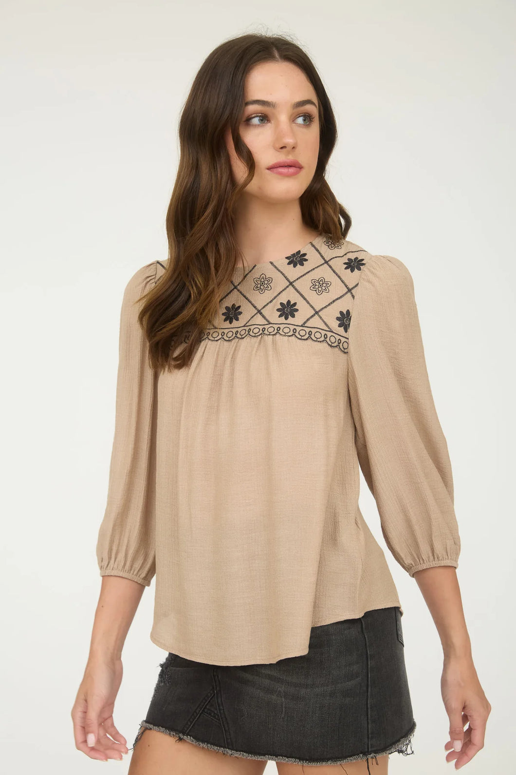 FLORAL EMBROIDERED YOKE 3/4 SLEEVE BLOUSE