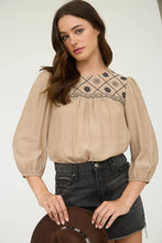 FLORAL EMBROIDERED YOKE 3/4 SLEEVE BLOUSE