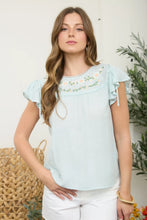 FLORAL YOKE EMBROIDERY RUFFLE SLEEVE TOP
