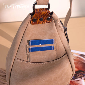 Trinity Ranch Floral Tooled Fringe Sling Bag -Brown