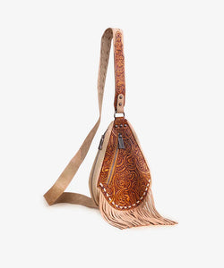 Trinity Ranch Floral Tooled Fringe Sling Bag -Brown