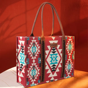 Wrangler Southwestern Pattern Dual Sided Print Canvas Wide Tote Burgundy