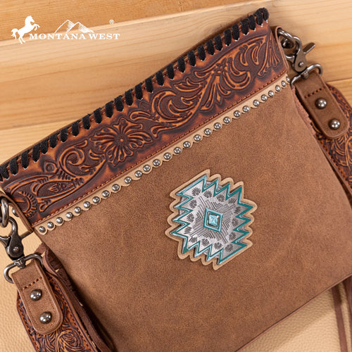 Montana West Tooled Aztec Concho Collection Crossbody -Brown