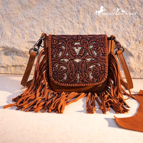 Montana West Genuine Leather Tooled Fringe Crossbody Brown