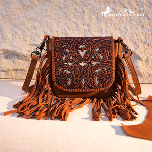 Montana West Genuine Leather Tooled Fringe Crossbody Brown