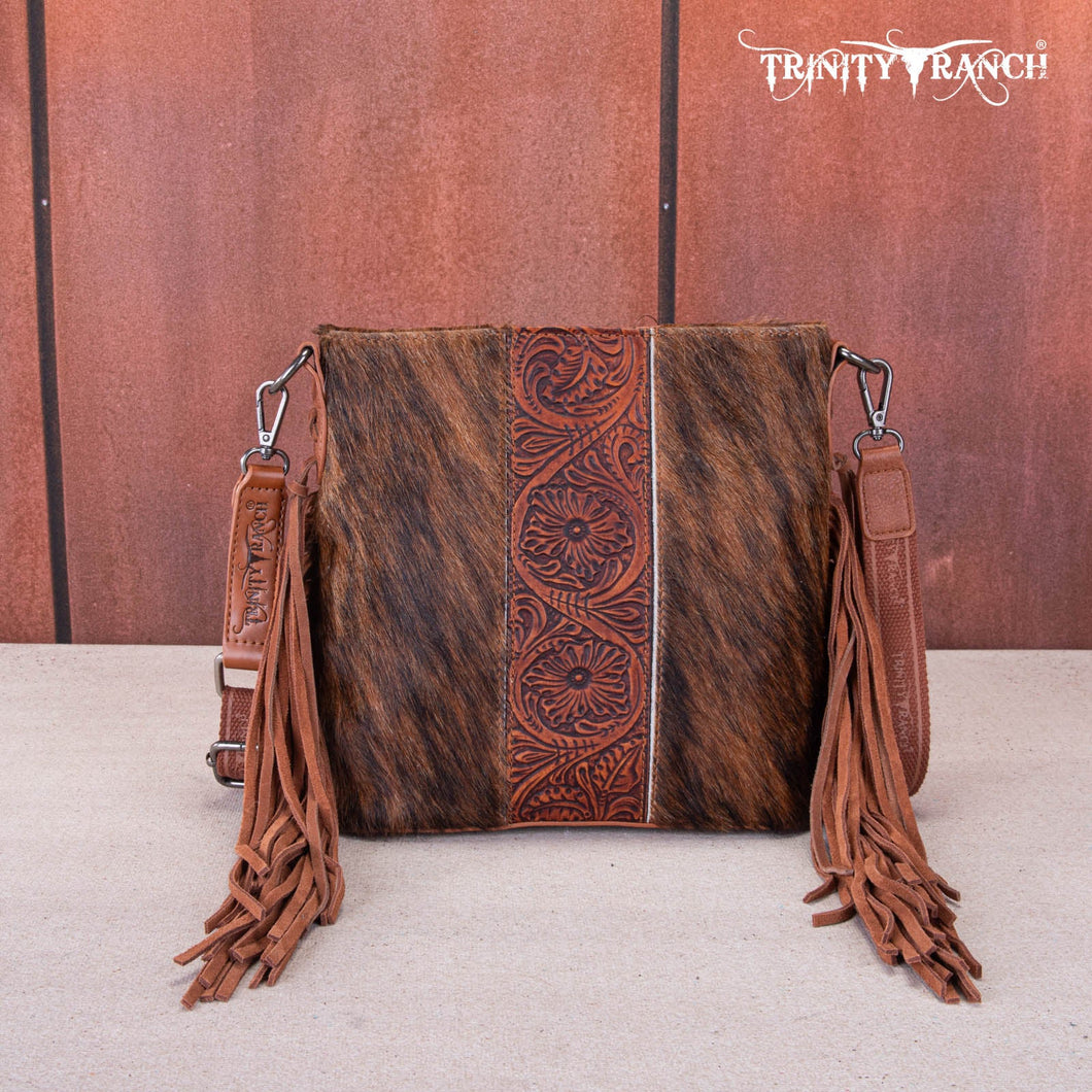 Trinity Ranch Hair-On Cowhide/Tooled Fringe Concealed Carry Crossbody Bag
