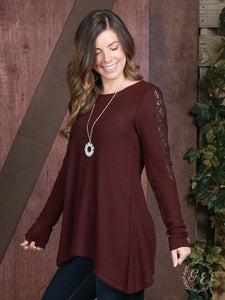 Logan's Waffle-knit Lightweight Longsleeve with Lace Accent, Burgundy