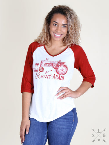 On The Road Again On White 3/4 Red Sleeve Raglan
