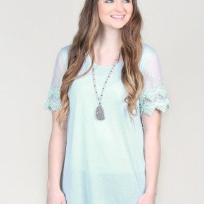 Brooke's Simple Blouse with Crochet Lace Short Sleeves, Mint