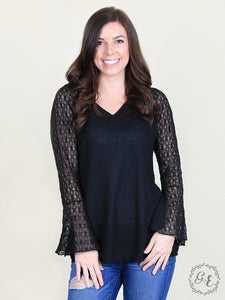 Willow's Waffle-Knit V-Neck Blouse with Bell Lace Sleeve, Black