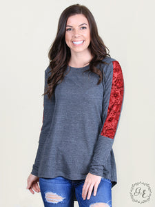 Quinn's Grey Blouse with Button Back & Velvet Floral Inset