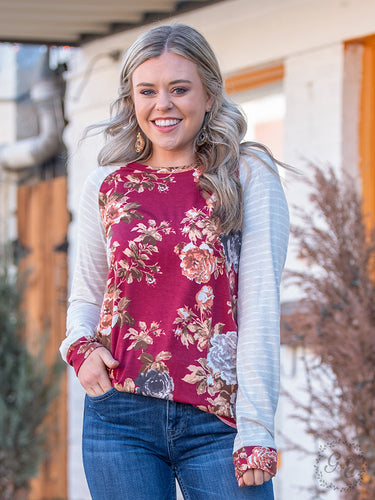 Margaret's Maroon Floral Blouse with Striped Sleeves