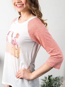 Let's Get Piggy with It Raglan with Pink Striped Sleeves