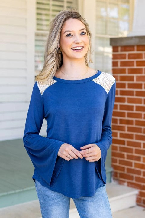 French Blue Longsleeve with Lace Accent and Bell Sleeves