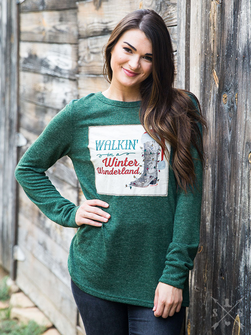 Walkin' in a Winter Wonderland Patch on Forest Green Lightweight Sweater