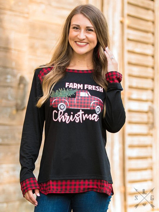 Farm Fresh Christmas on Black Longsleeve Tee with Buffalo Plaid Trim
