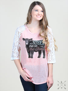 Steer Me to the Show Peach Raglan with Cream Lace Sleeves