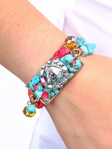 Chunky Turquoise & Coral Rock Bracelet with Love To Ride Horse Charm